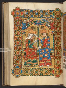 Lägg till. 60629, f.56v Jungfruns kröning, med rökande änglar (vellum) av German School