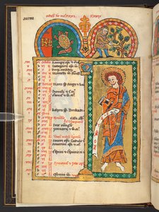 Lägg till. 60629, f.5v oktober. 12 kalendersidor i guld och färger, med arkitektoniska ramar som var och en innehåller ett stjärntecken, en apostel och månadens arbete.  Psaltare. Upplyst psalter med en kalender, canticles och litanier för användning av nu av German School