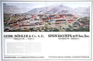 Annons för det österrikiska företaget Gebr.Boehler & Co:s stålverk och vapenfabrik, från en bulgarisk almanacka, ca 1916 (färg litho) av German School