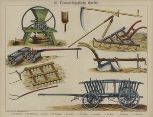 Jordbruksutrustning (färg litho) av German School