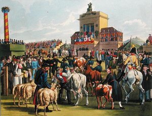 Jordbruksutställning i Cannstadt, Wurtemberg, ca 1820 (färggravyr) av German School