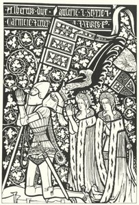 Albert III, hertig av Österrike, med sina två fruar, Elisabeth av Böhmen och Beatrice av Nürnberg (gravyr) av German School