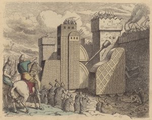 En assyrisk armé som belägrar en stad (färgad gravyr) av German School