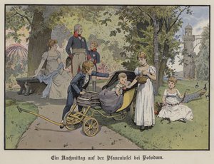 En eftermiddag på Pfaueninsel i Potsdam (färg litho) av German School