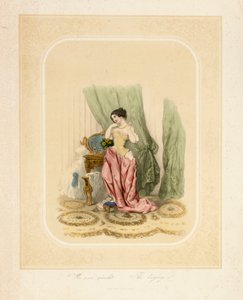En elegant dam vid sitt sminkbord, tryckt av F. Sala & Co, Berlin, ca 1850 av German School