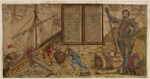 En illustrerad bredsida som hyllar Francis Drakes kampanj mot spanjorerna, illustration från "Hier steh ich Drach in Engelandt" (penna och bläck med tvätt på papper) av German School