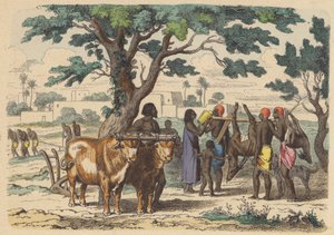 Forntida egyptisk bonde och jägare (färgad gravyr) av German School