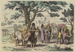 Forntida egyptisk bonde och jägare (färgad gravyr) av German School