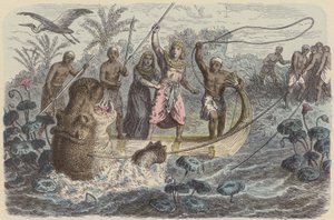 Forntida egyptisk farao på en flodhästjakt (färgad gravyr) av German School