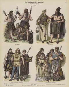 Gamla germanska dräkter (färgad gravyr) av German School