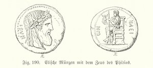 Forntida grekiska mynt från Elis med bilder av Zeus från Phidias (gravyr) av German School