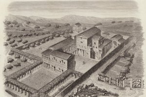 Forntida grekiska hus på landet i Al-Barah, Syrien. Illustration för Bilder-Atlas (gravyr) av German School