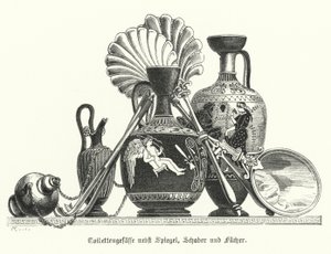 Forntida grekiska toalettartiklar tillsammans med en spegel, skrapor och fläktar (gravyr) av German School