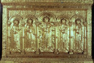 Antependium föreställande Kristus med donatorerna vid hans fötter mellan ärkeänglarna Gabriel, Rafael och Mikael och St. Benedictus (guld) (se även 162678) av German School