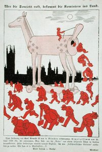 Antibolsjevikisk tecknad serie av det tredje riket som visar bolsjevikerna som flyr från en trojansk häst till London (litho i färg) av German School