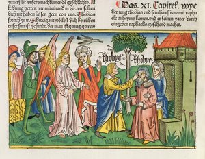Apokryfer: Tobias återställer sin far Tobits syn med fiskens galla, från Nürnbergbibeln (Biblia Sacra Germanaica) (färgat träsnitt)