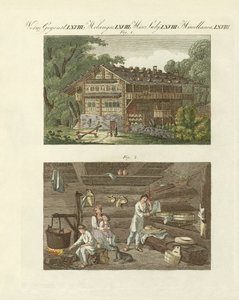 Arkitektur i Schweiz (färgad gravyr) av German School
