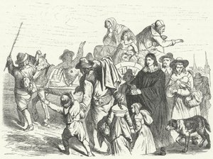 Ankomsten av franska hugenottinvandrare till Brandenburg efter att den store kurfursten Fredrik William utfärdade Potsdamediktet 1685 (gravyr) av German School