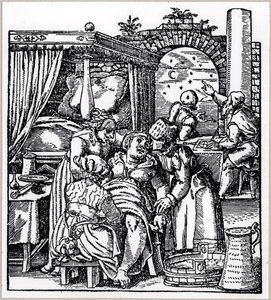 Astrologer kastar ett horoskop för barnet som föds till en kvinna i en födelsestol, från De Conceptu et Generatione Hominis av Jacob Rueff, publicerad i Frankfurt, 1587 av German School