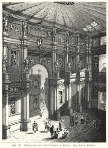 Auditorium och scen i Teatro Olimpico, Piacenza, Italien, designad av Andrea Palladio (gravyr) av German School