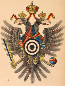 Österrike-Ungerns kejserliga vapen som mål för bågskytte, ca 1865 (färgat träsnitt) av German School