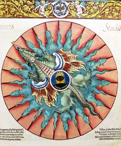 BT1.70.2 En solförmörkelse, illustration från Astronomicum Caesareum av Peter Apian (Bennewitz) (1495-1552) pub. i Ingolstadt, 1540 (färgat träsnitt) av German School