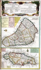 Barbados och Jamaica, detalj från en karta över engelska kolonier i Karibien, pub. av Homanns Heirs, Nürnberg, ca 1750 (detalj av 101836) av German School