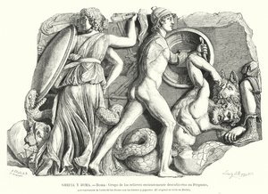 Slaget mellan gudarna och titanerna och jättarna, antikens grekiska relief från Pergamon (litho) av German School