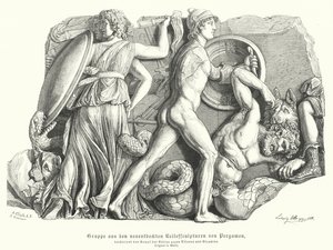 Strid mellan gudarna och titanerna och jättarna, antik grekisk relief från Pergamon (gravyr) av German School