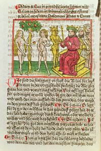 Belial presenterar Adam och Eva för Salomo, illustration från en tysk översättning av Das Buch Belial, 1473 (färgat träsnitt) av German School