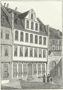 Den tyska författaren och statsmannen Johann Wolfgang von Goethes födelseplats, Frankfurt, Tyskland (gravyr) av German School