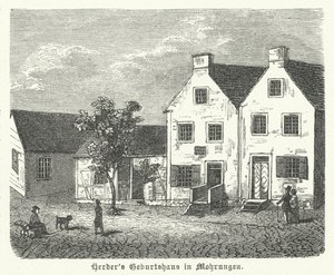 Födelseort för den tyske författaren, filosofen och lutherske teologen Johann Gottfried von Herder, Mohrungen (gravyr) av German School