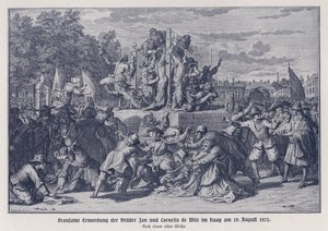Brutalt mord på bröderna Jan och Cornelis de Witt av en orangistisk mobb, Haag, Nederländerna, 20 augusti 1672 (litografi) av German School