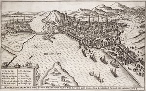 Buda och skadedjur som belägrades av de kristna 1602, illustration från en bok om de osmanska kampanjerna i Europa, graverad av Paul Furst (ca 1605-66) av German School