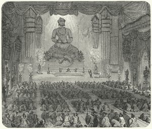 Buddhister som tillber i ett kloster i Peking (gravyr) av German School