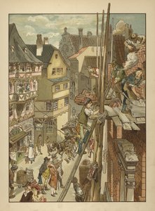 Byggare på jobbet på ett hus (färg litho) av German School