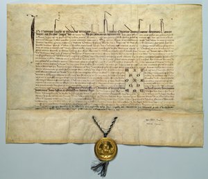 Tyren af Karl IV (1316-78) hellig romersk kejser, 29. januar 1365 (blæk på pergament med guld segl) av German School