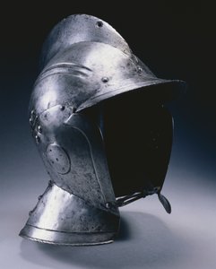 Burgonet med gångjärnsförsedda kindbitar, c.1540 (stål med läderhakband) av German School