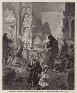 Ljus till salu i vestibulen av en kyrka i St Petersburg, Ryssland, vid jul (gravyr) av German School