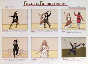 Tecknad film som gör narr av operan Lucia di Lammermoor av Donizetti (färg litho av German School