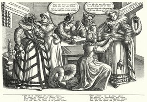 Tecknad serie om damdräkt, tidigt 1600-tal (gravyr) av German School