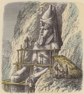 Rista en staty av en forntida egyptisk farao ur en klippvägg (färgad gravyr) av German School