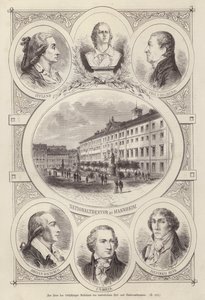 Hundraårsjubileum av hovet och nationalteatrarna, Mannheim, Tyskland (gravyr) av German School