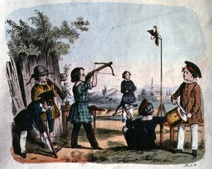 Barn som skjuter ett mål med en arkebuse, ca 1860 (färggravyr) av German School