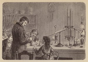 Barn som tittar på ett vetenskapligt experiment (gravyr) av German School