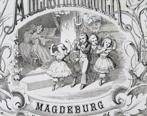 Barndansscen, detalj på titelsidan för samlingen av musik och danser för barn publicerad i Magdeburg. Tyskland av German School