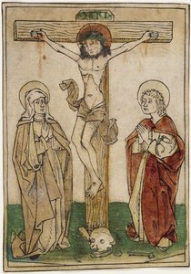 Kristus på korset med Maria och Johannes, ca 1470-80 (handfärgat träsnitt på pergament) av German School