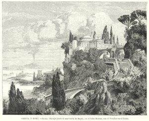 Kustlinje i Neapelbukten från den antika romerska staden Baiae, Cape Miseno, med Vesuvius i fjärran (litho) av German School
