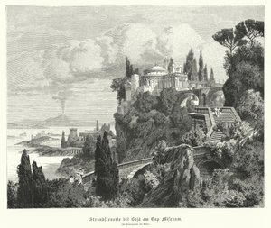 Kustlinje av Neapelbukten från den antika romerska staden Baiae, Cape Miseno, med Vesuvius i fjärran (gravyr) av German School