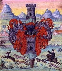 Vapensköld inom en jaktscen, ca 1640 (gouache på veläng) av German School